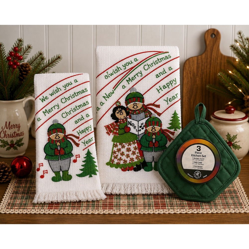 Vintage Leshner St. Mary's Christmas Kitchen Set Towel Dishcloth Pot Holder NOS